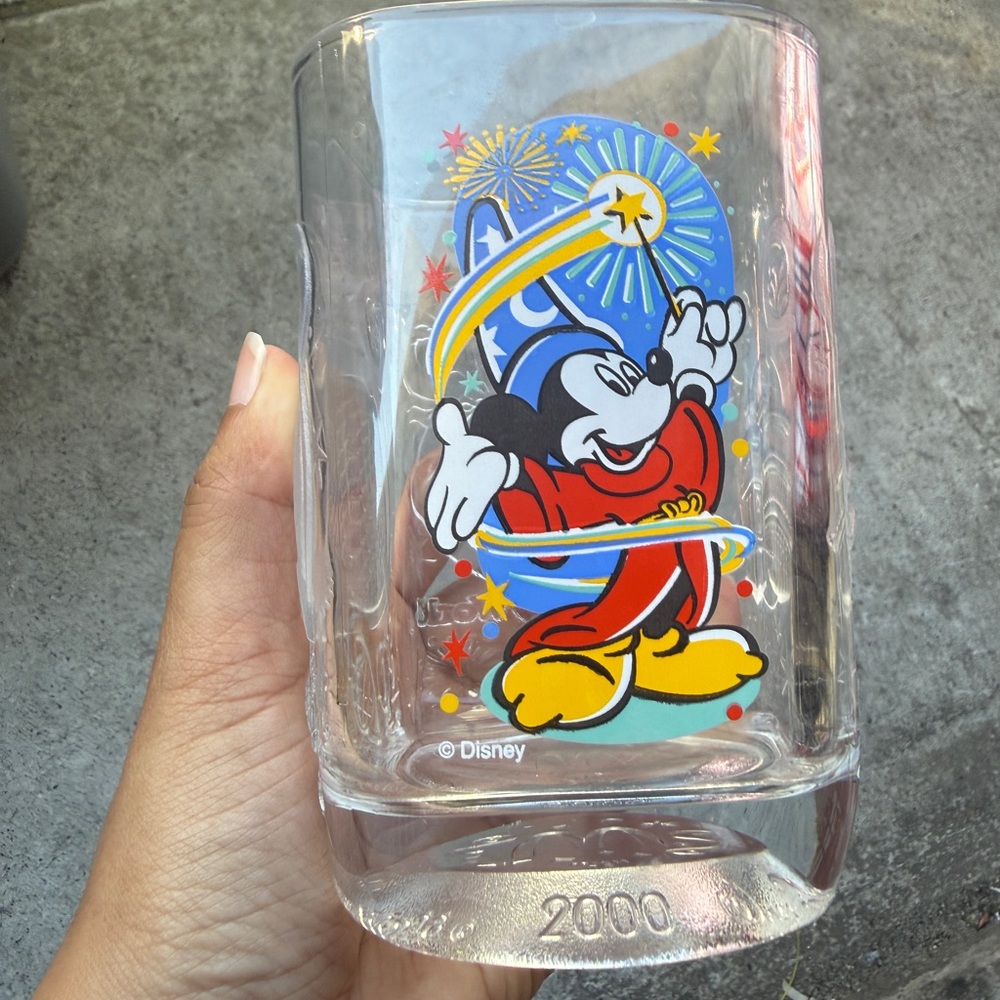 2000 Disney Mickey Mouse Sorcerer Glass Tumbler - Red, Blue, Yellow vtg A8